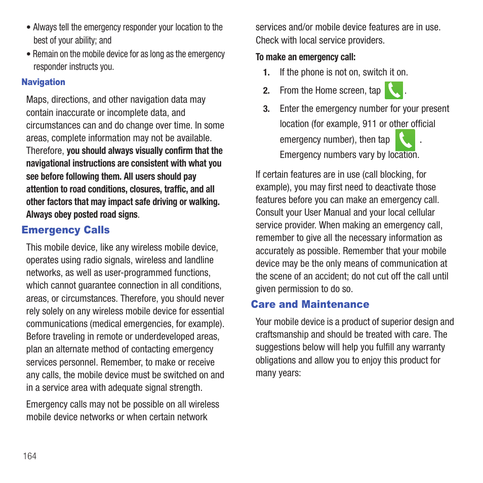 Emergency calls, Care and maintenance, Emergency calls care and maintenance | Samsung SGH-T499MAWTMB User Manual | Page 168 / 195