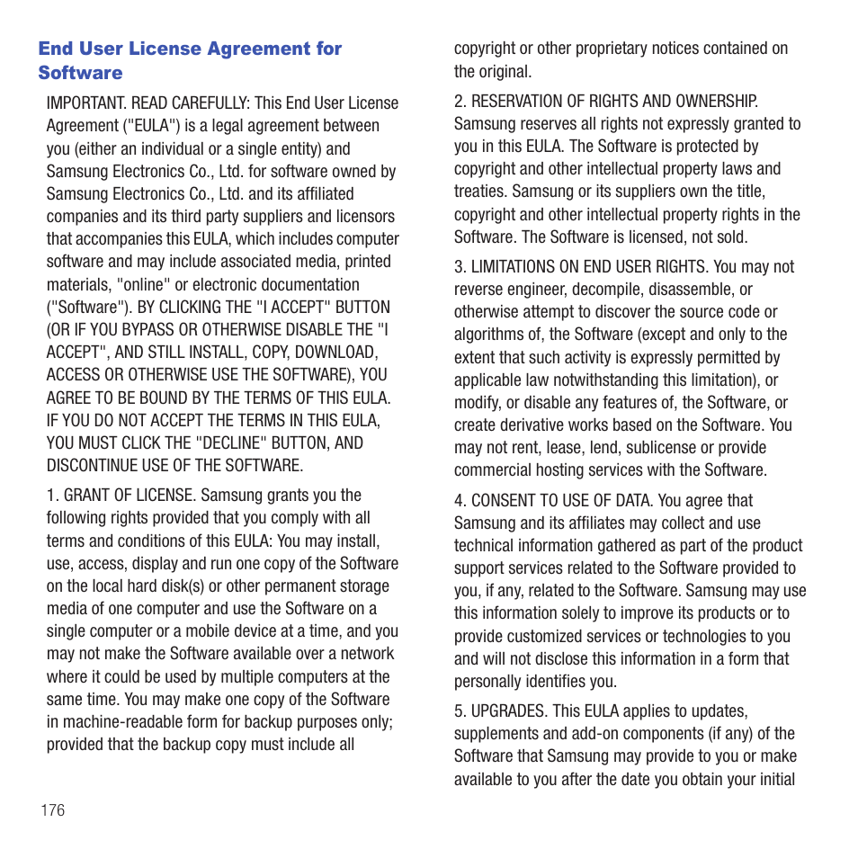 End user license agreement for software | Samsung SGH-T499MAWTMB User Manual | Page 180 / 195