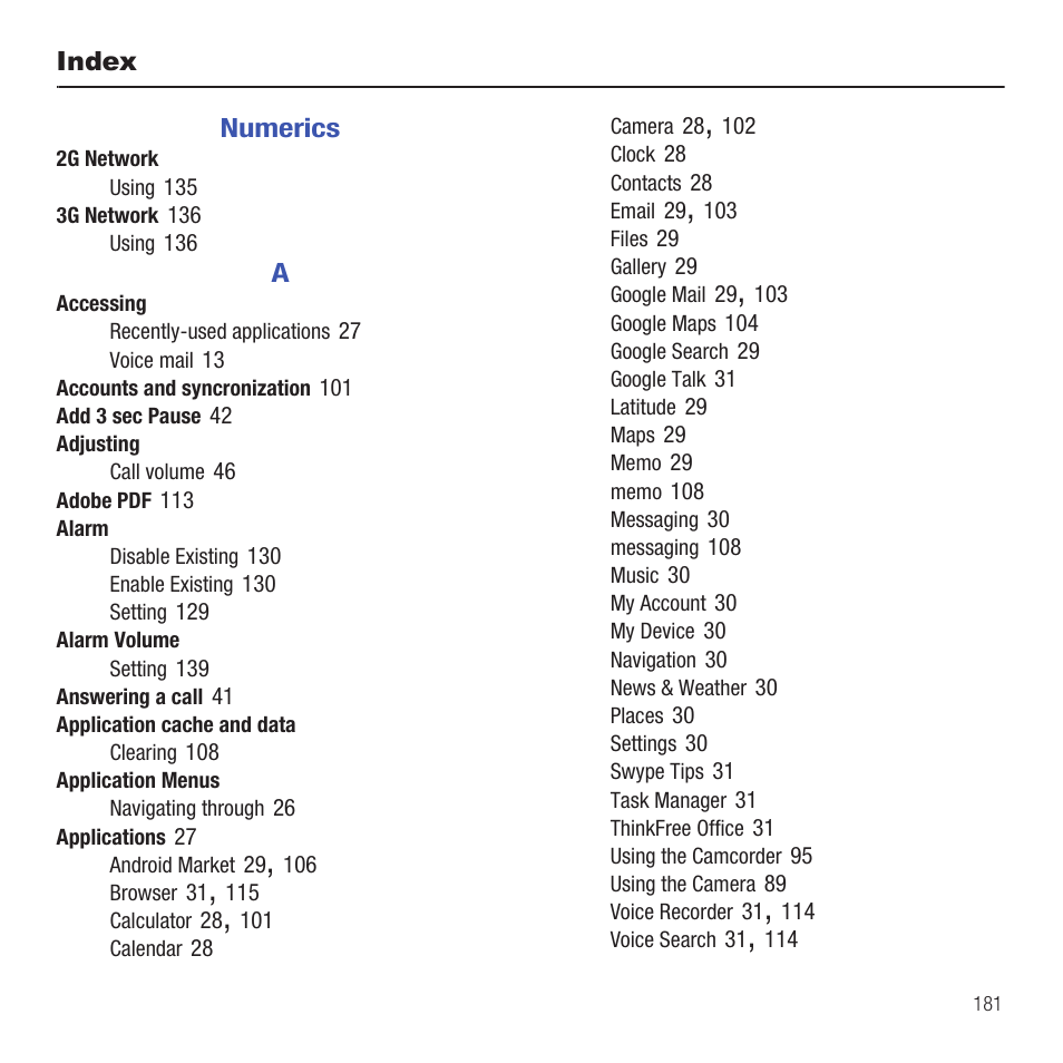 Index | Samsung SGH-T499MAWTMB User Manual | Page 185 / 195