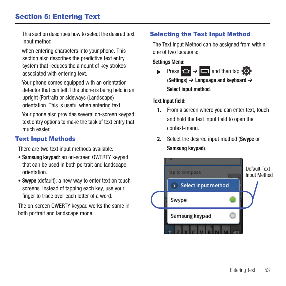 Section 5: entering text, Text input methods, Selecting the text input method | Text input methods selecting the text input method | Samsung SGH-T499MAWTMB User Manual | Page 57 / 195