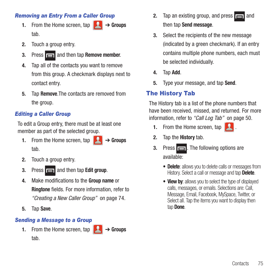 The history tab | Samsung SGH-T499MAWTMB User Manual | Page 79 / 195