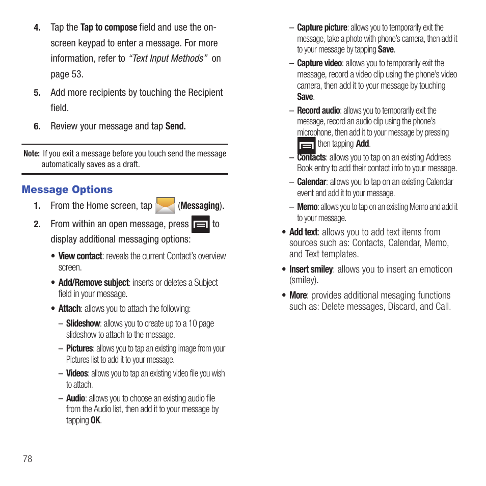 Message options | Samsung SGH-T499MAWTMB User Manual | Page 82 / 195