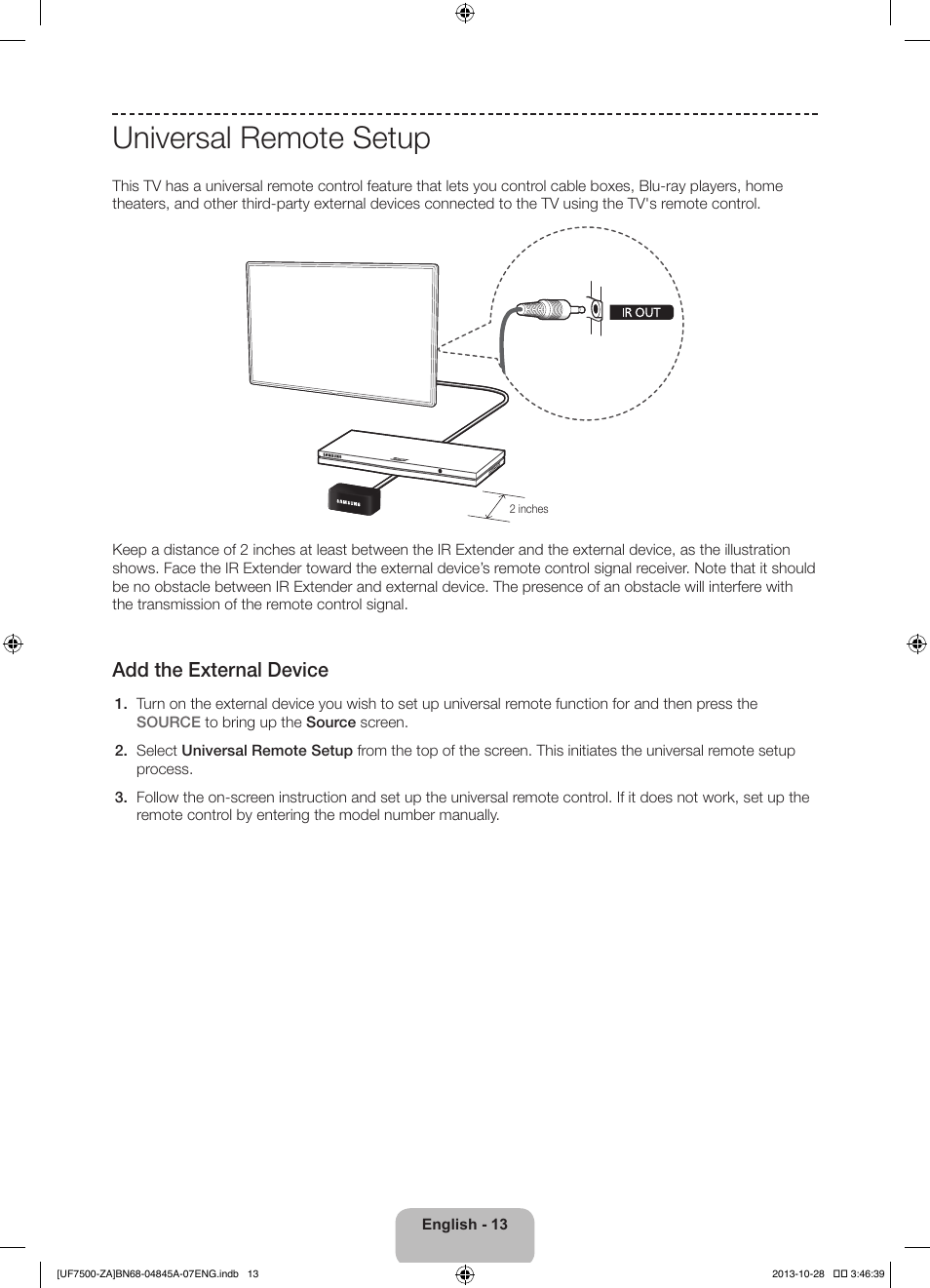 Universal remote setup, Add the external device | Samsung UN46F7500AFXZA User Manual | Page 13 / 34