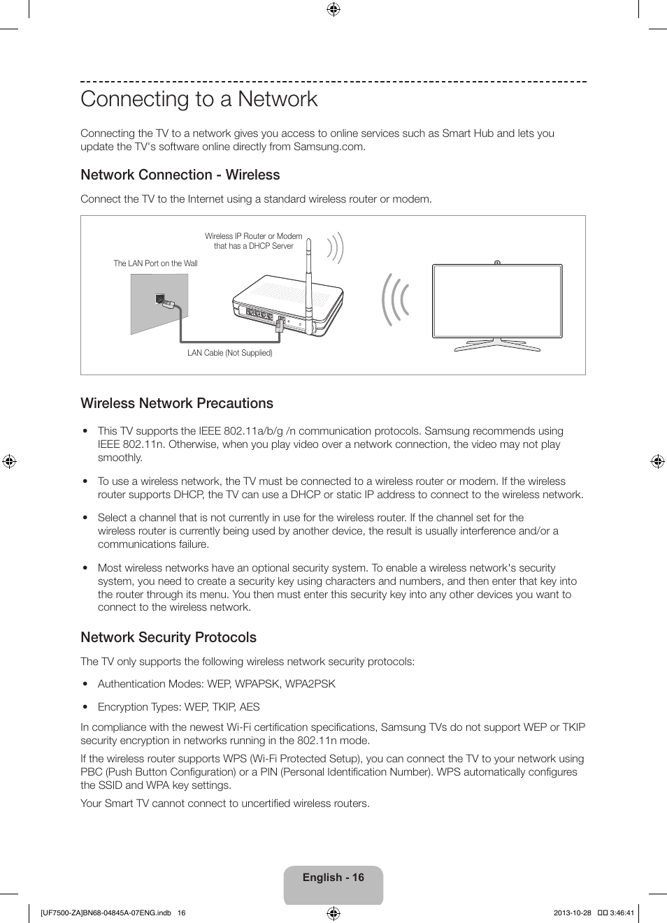 Connecting to a network, Network connection - wireless, Wireless network precautions | Network security protocols | Samsung UN46F7500AFXZA User Manual | Page 16 / 34