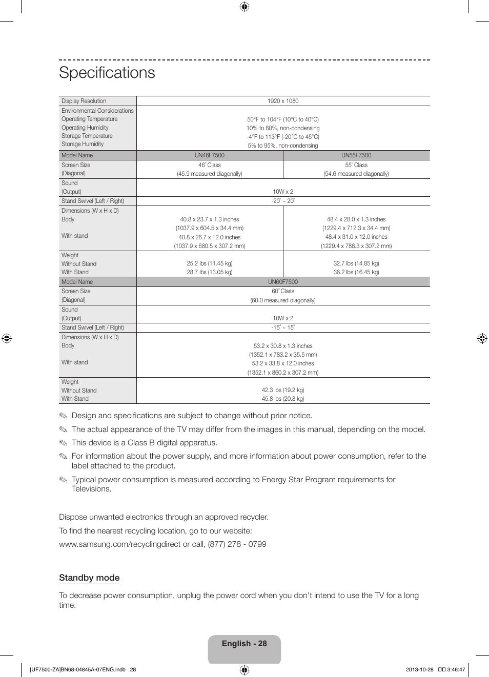 Specifications, Standby mode | Samsung UN46F7500AFXZA User Manual | Page 28 / 34