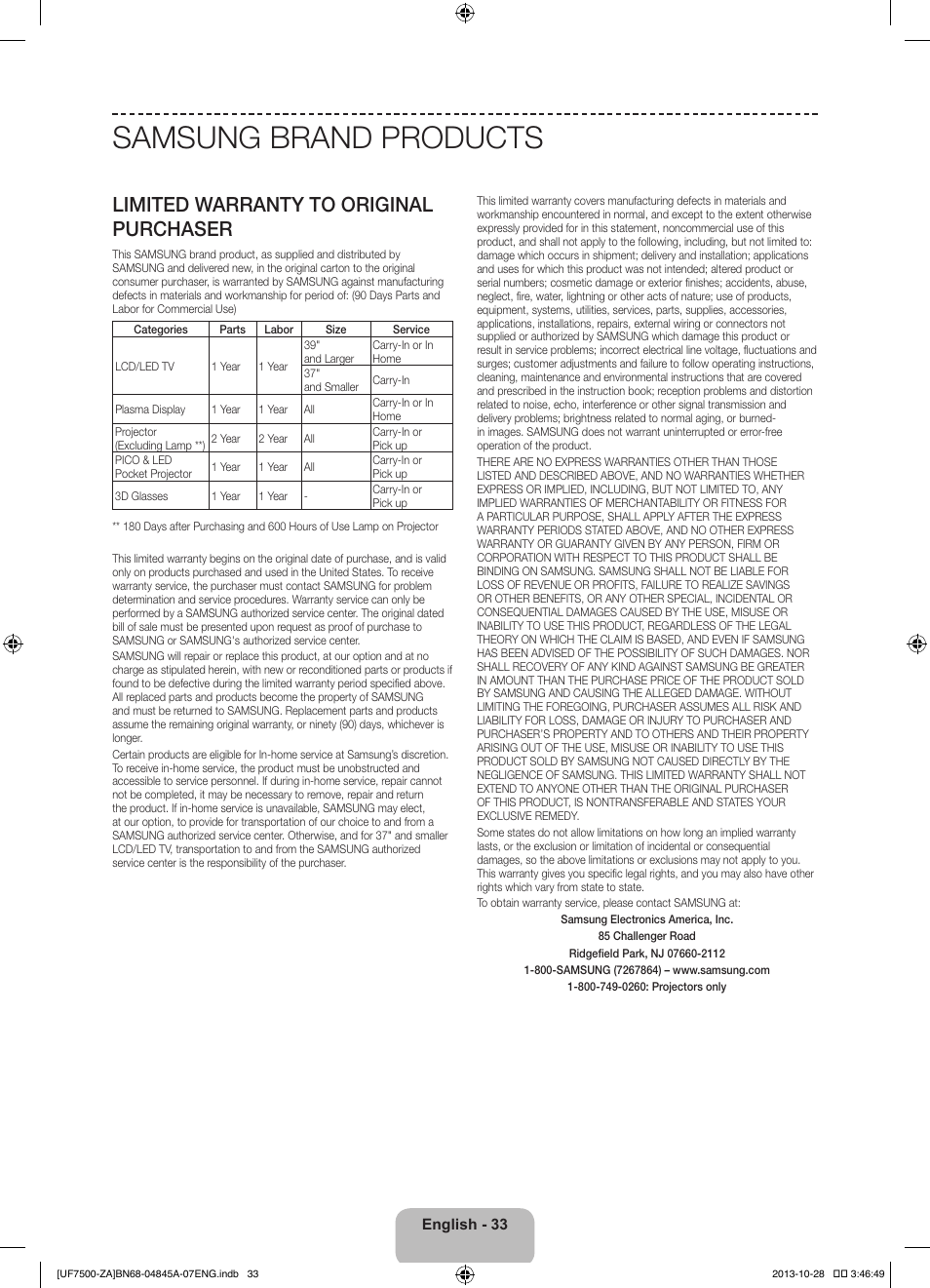 Samsung brand products, Limited warranty to original purchaser | Samsung UN46F7500AFXZA User Manual | Page 33 / 34