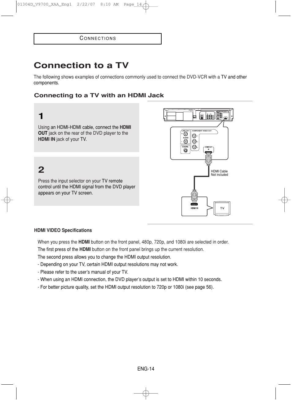 Connection to a tv, Connecting to a tv with an hdmi jack | Samsung DVD-V9700-XAA User Manual | Page 14 / 88