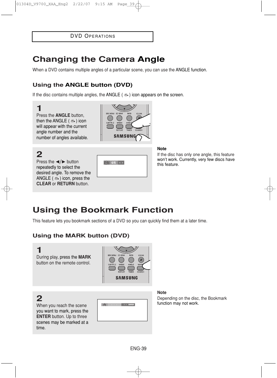 Changing the camera angle, Using the bookmark function | Samsung DVD-V9700-XAA User Manual | Page 39 / 88