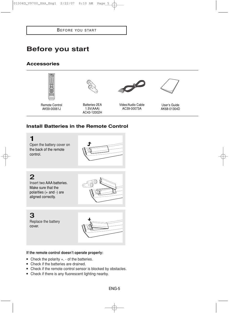Before you start, Accessories, Install batteries in the remote control | Samsung DVD-V9700-XAA User Manual | Page 5 / 88