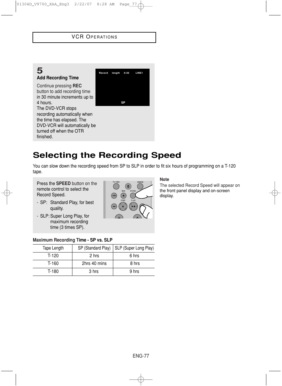 Selecting the recording speed | Samsung DVD-V9700-XAA User Manual | Page 77 / 88