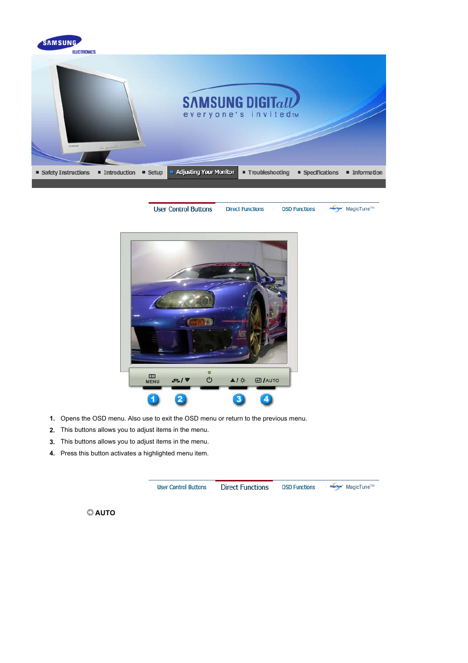 Adjusting your monitor, User control buttons, Direct functions | Samsung LS19GSESS-XBM User Manual | Page 19 / 60