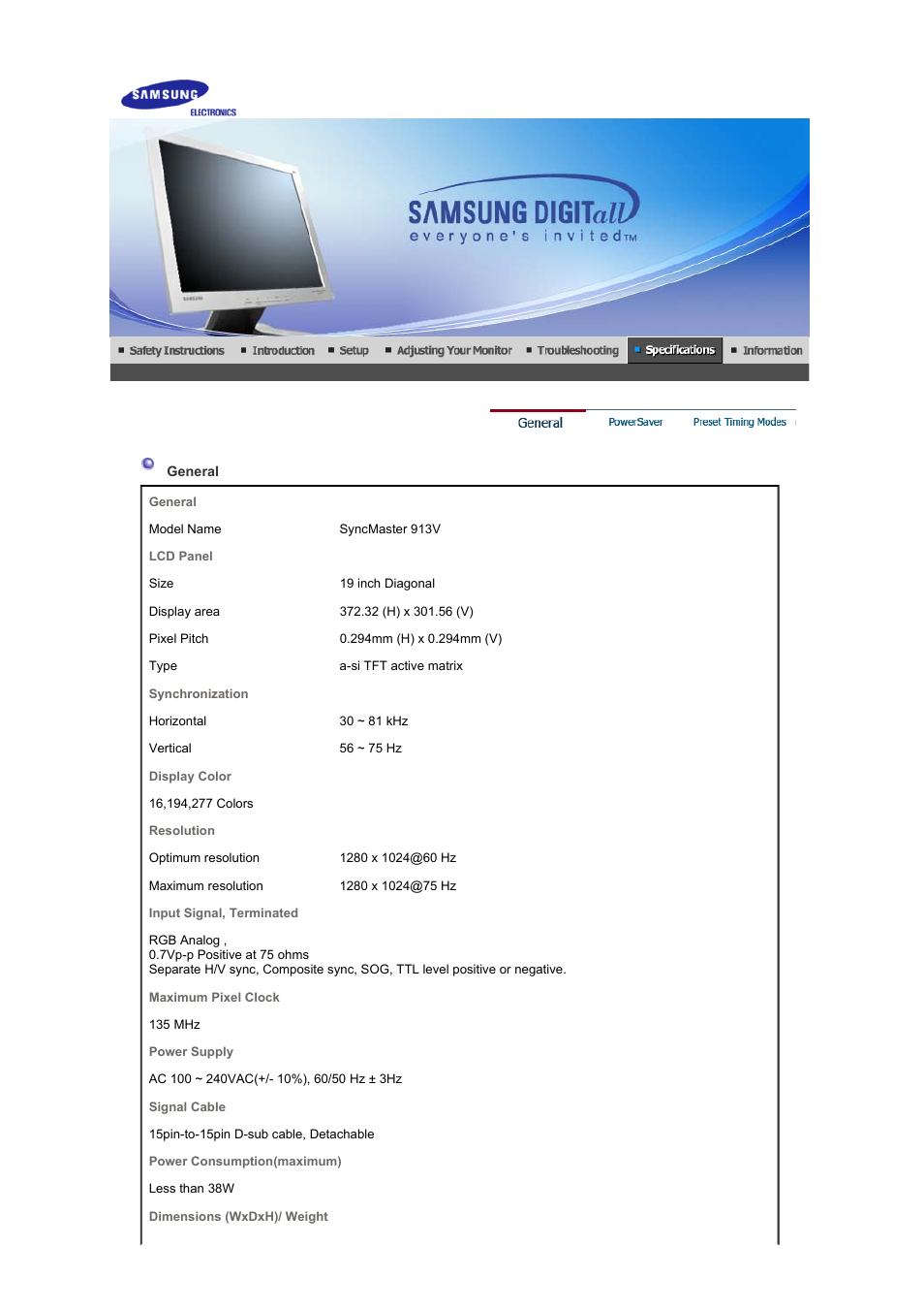Specifications, General | Samsung LS19GSESS-XBM User Manual | Page 44 / 60