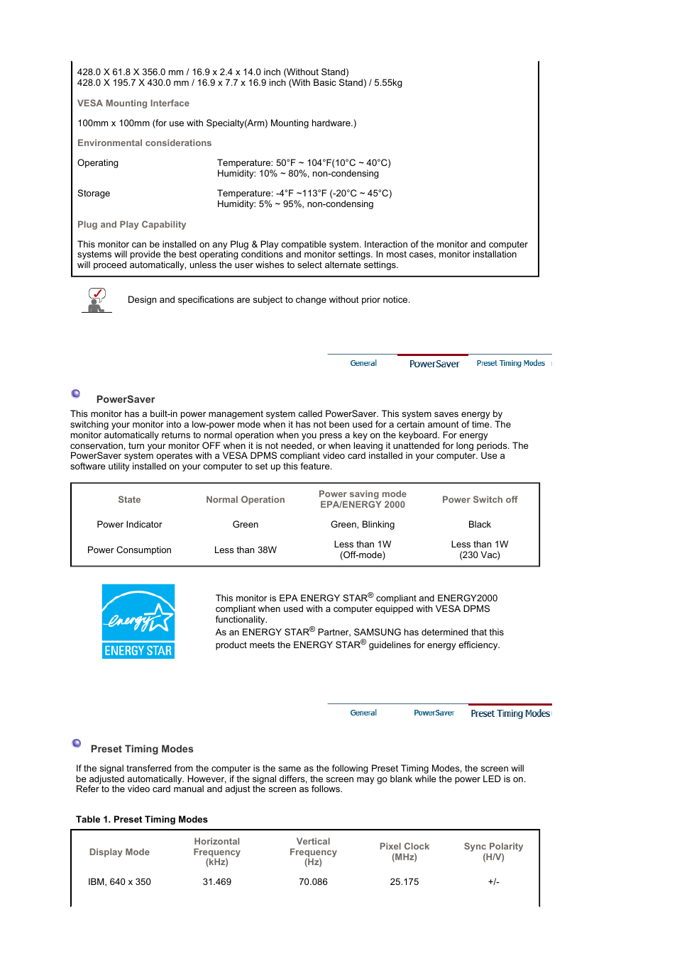 Powersaver, Preset timing modes | Samsung LS19GSESS-XBM User Manual | Page 45 / 60