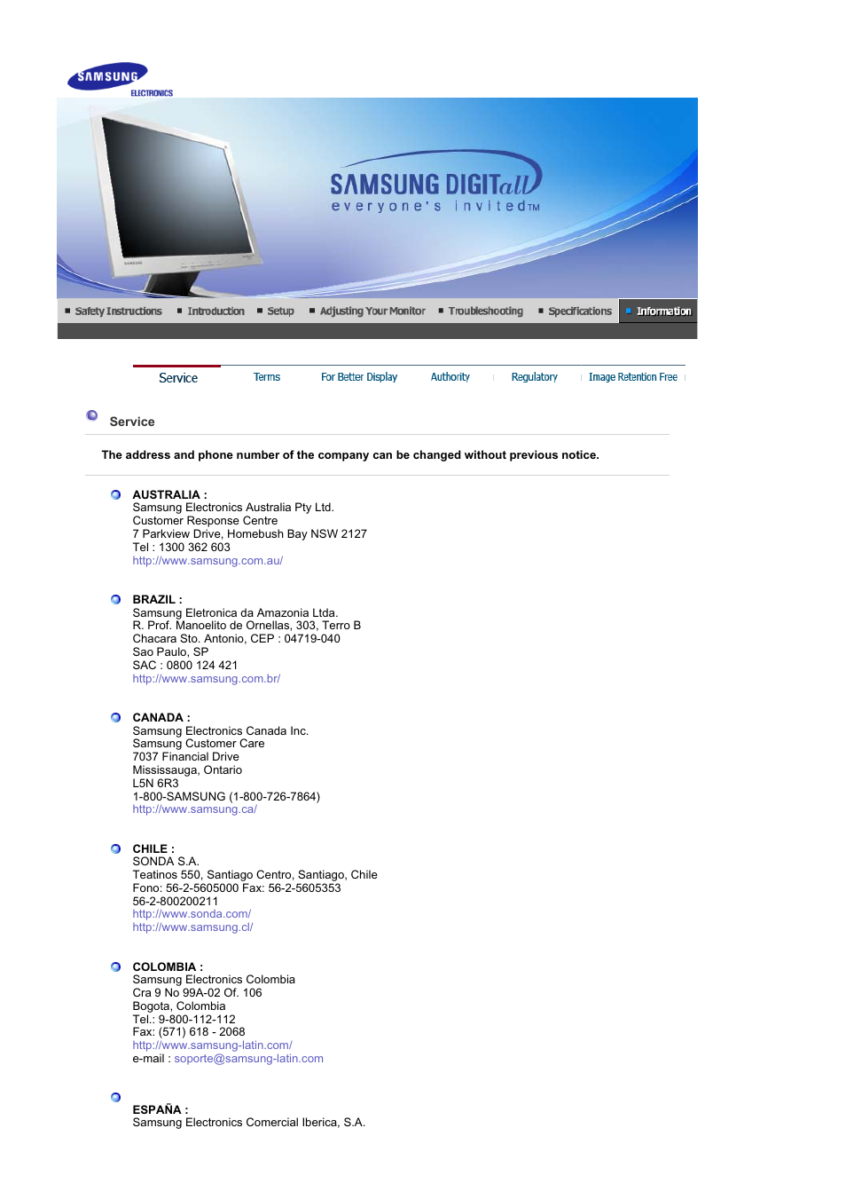 Information, Service | Samsung LS19GSESS-XBM User Manual | Page 47 / 60