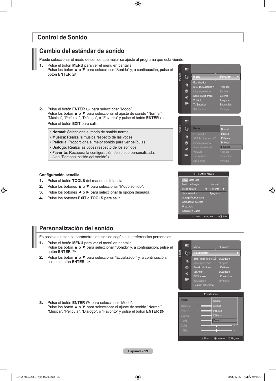 Control de sonido cambio del estándar de sonido, Personalización del sonido | Samsung LN40A530P1FXZA User Manual | Page 115 / 161