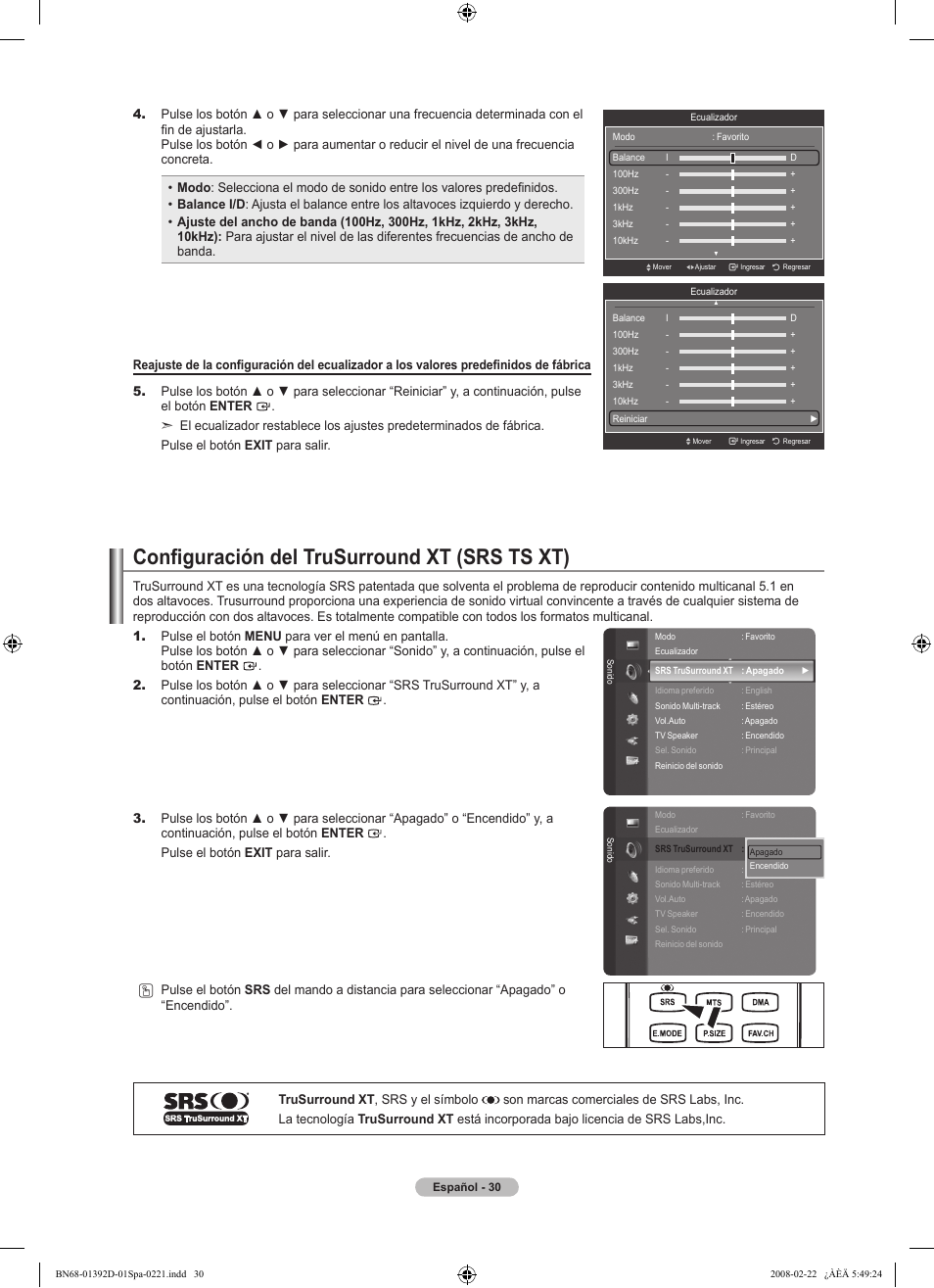 Configuración del trusurround xt (srs ts xt) | Samsung LN40A530P1FXZA User Manual | Page 116 / 161