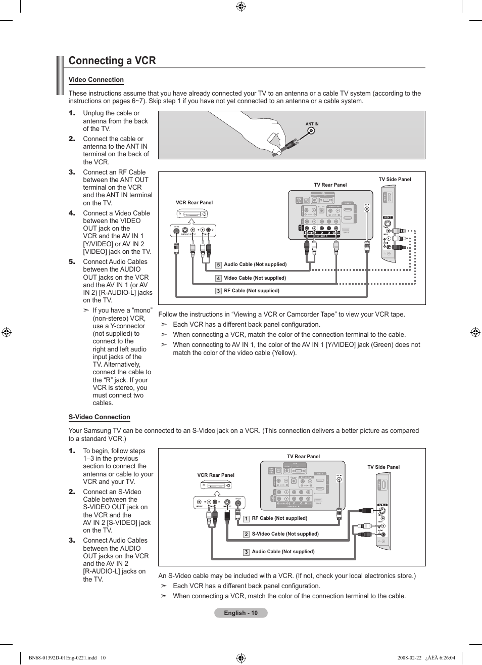 Connecting a vcr | Samsung LN40A530P1FXZA User Manual | Page 12 / 161