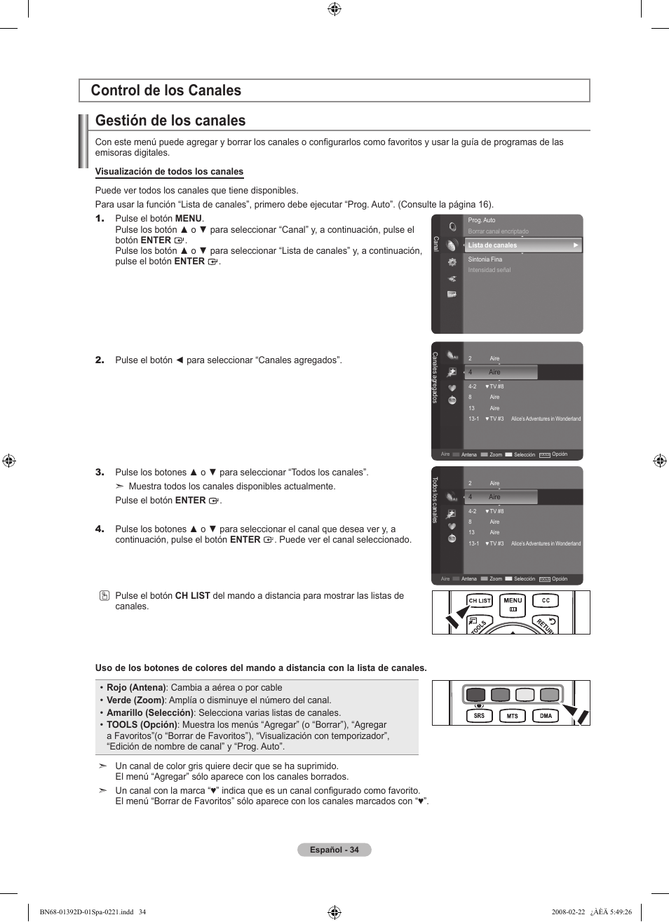 Gestión de los canales, Control de los canales | Samsung LN40A530P1FXZA User Manual | Page 120 / 161