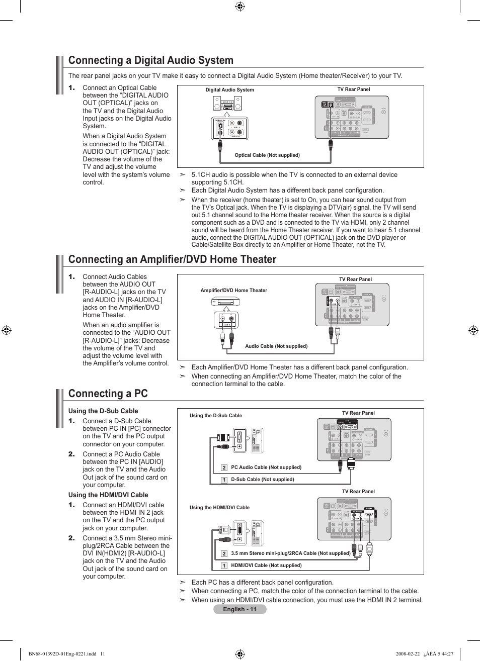 Connecting a digital audio system, Connecting an amplifier/dvd home theater, Connecting a pc | Samsung LN40A530P1FXZA User Manual | Page 13 / 161