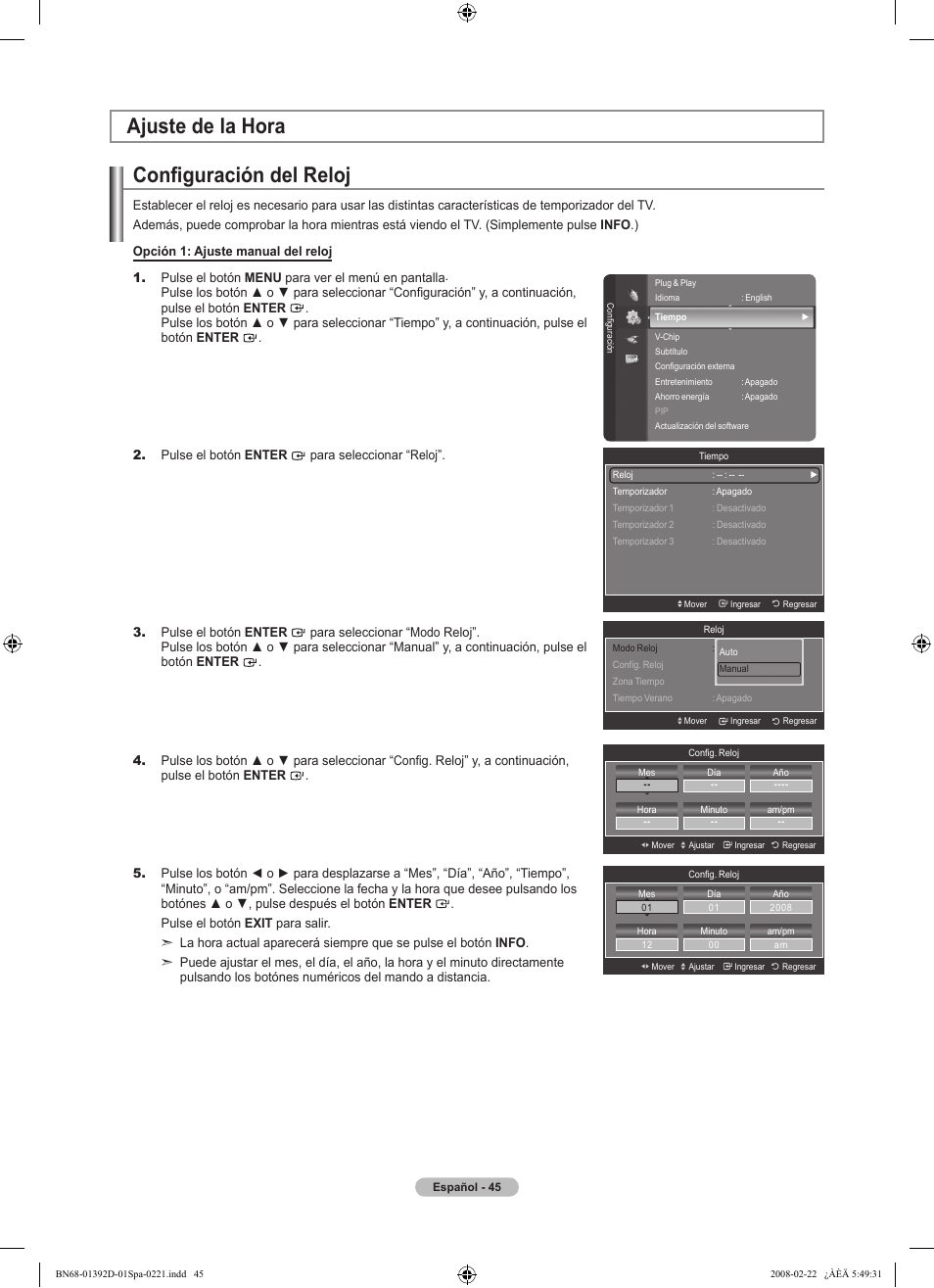 Configuración del reloj, Ajuste de la hora | Samsung LN40A530P1FXZA User Manual | Page 131 / 161