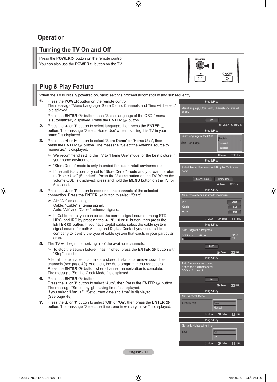 Operation, Turning the tv on and off, Plug & play feature | Operation plug & play feature | Samsung LN40A530P1FXZA User Manual | Page 14 / 161