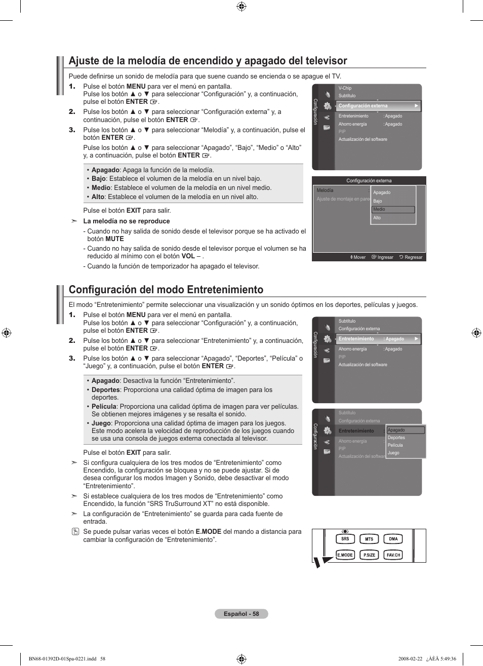 Configuración del modo entretenimiento | Samsung LN40A530P1FXZA User Manual | Page 144 / 161