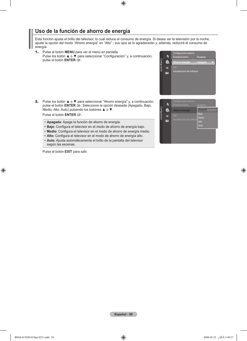 Uso de la función de ahorro de energía | Samsung LN40A530P1FXZA User Manual | Page 145 / 161