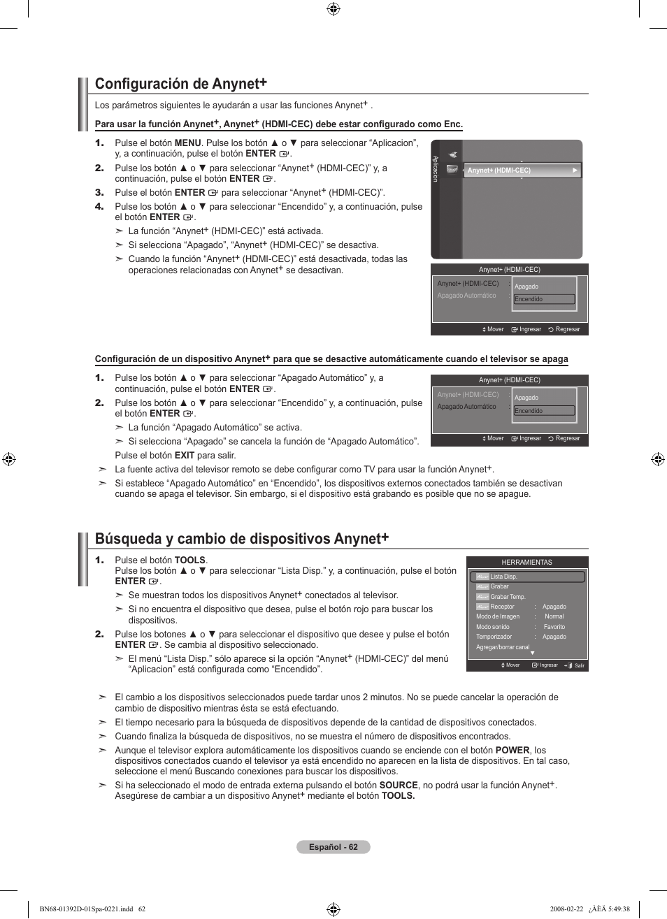 Configuración de anynet, Búsqueda y cambio de dispositivos anynet | Samsung LN40A530P1FXZA User Manual | Page 148 / 161