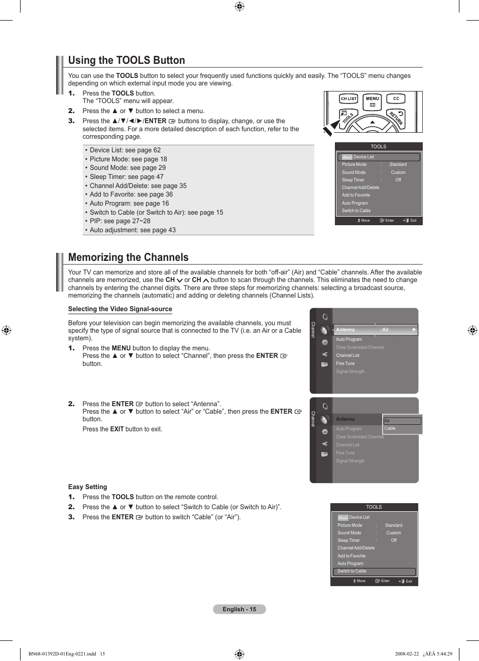 Using the tools button, Memorizing the channels | Samsung LN40A530P1FXZA User Manual | Page 17 / 161