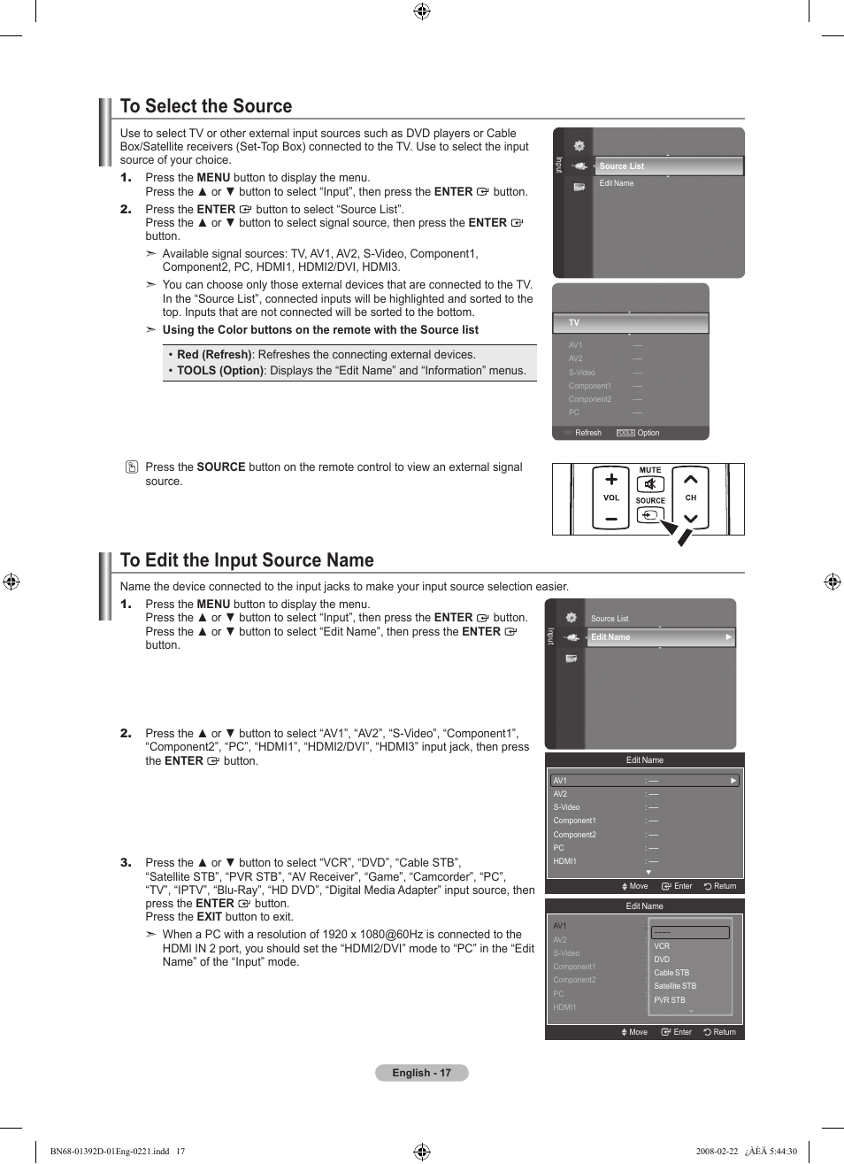 To select the source, To edit the input source name | Samsung LN40A530P1FXZA User Manual | Page 19 / 161