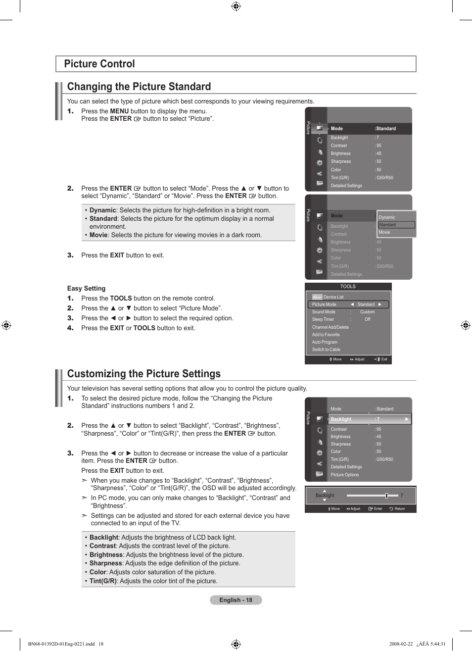 Picture control, Changing the picture standard, Customizing the picture settings | Picture control changing the picture standard | Samsung LN40A530P1FXZA User Manual | Page 20 / 161