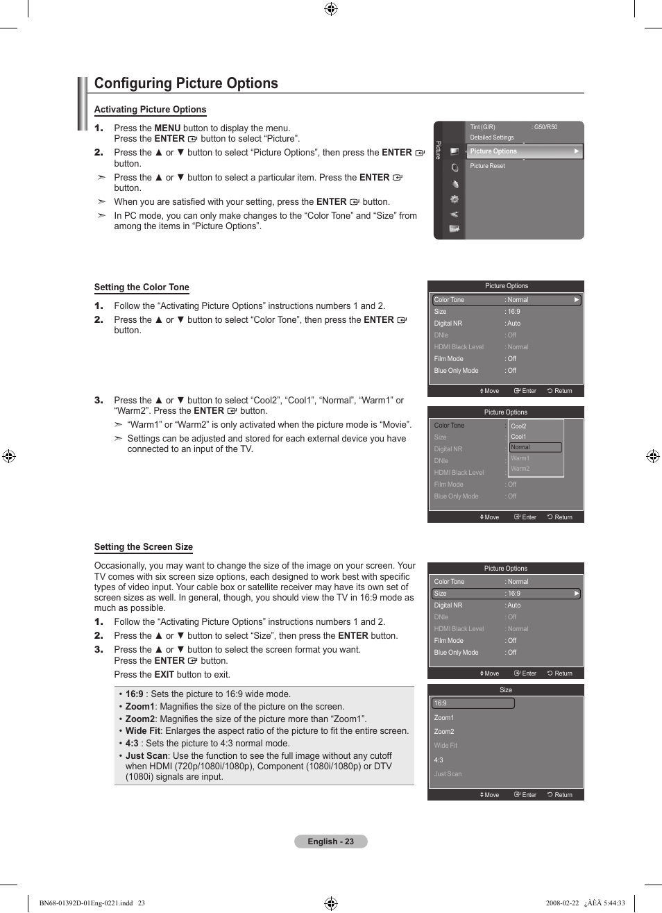 Configuring picture options | Samsung LN40A530P1FXZA User Manual | Page 25 / 161