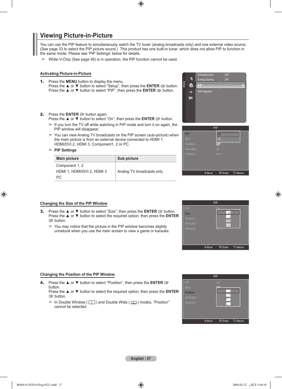 Viewing picture-in-picture | Samsung LN40A530P1FXZA User Manual | Page 29 / 161