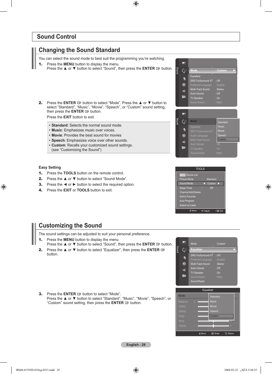 Sound control, Changing the sound standard, Customizing the sound | Sound control changing the sound standard | Samsung LN40A530P1FXZA User Manual | Page 31 / 161