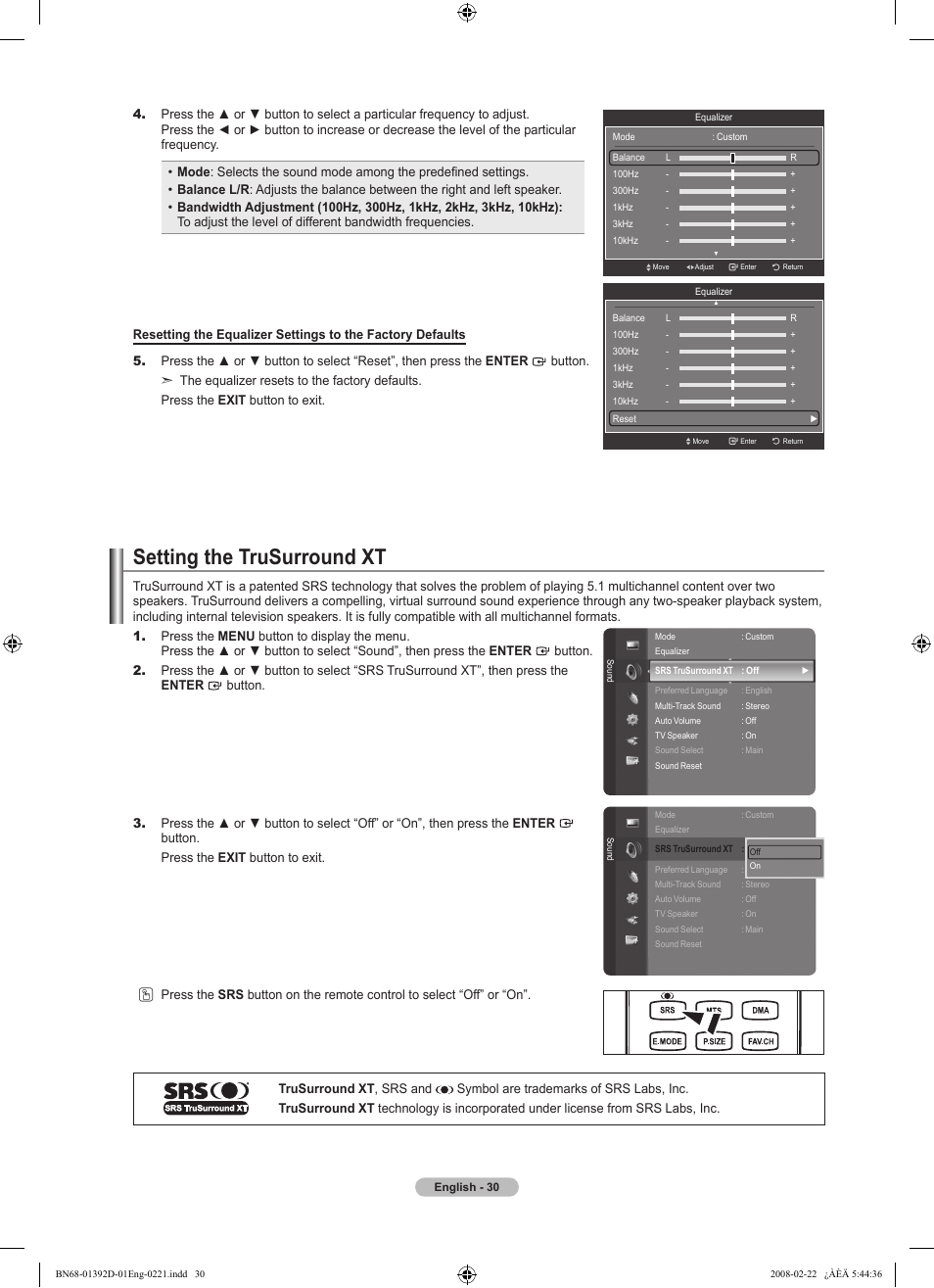 Setting the trusurround xt | Samsung LN40A530P1FXZA User Manual | Page 32 / 161