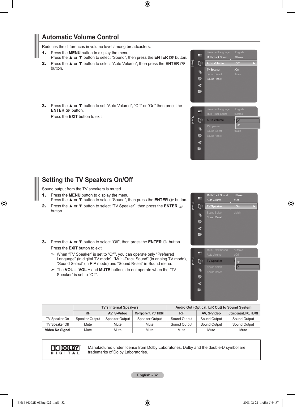 Automatic volume control, Setting the tv speaker on/off, Setting the tv speakers on/off | Samsung LN40A530P1FXZA User Manual | Page 34 / 161