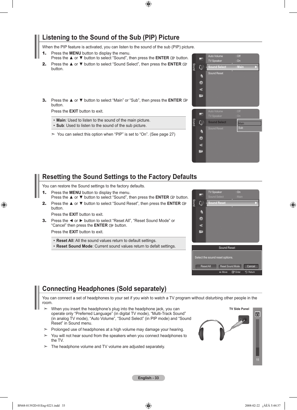 Listening to the sound of the sub (pip) picture, Connecting headphones (sold separately) | Samsung LN40A530P1FXZA User Manual | Page 35 / 161