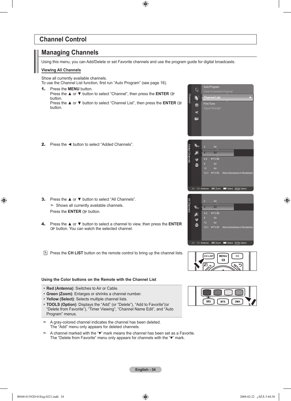 Channel control, Managing channels | Samsung LN40A530P1FXZA User Manual | Page 36 / 161