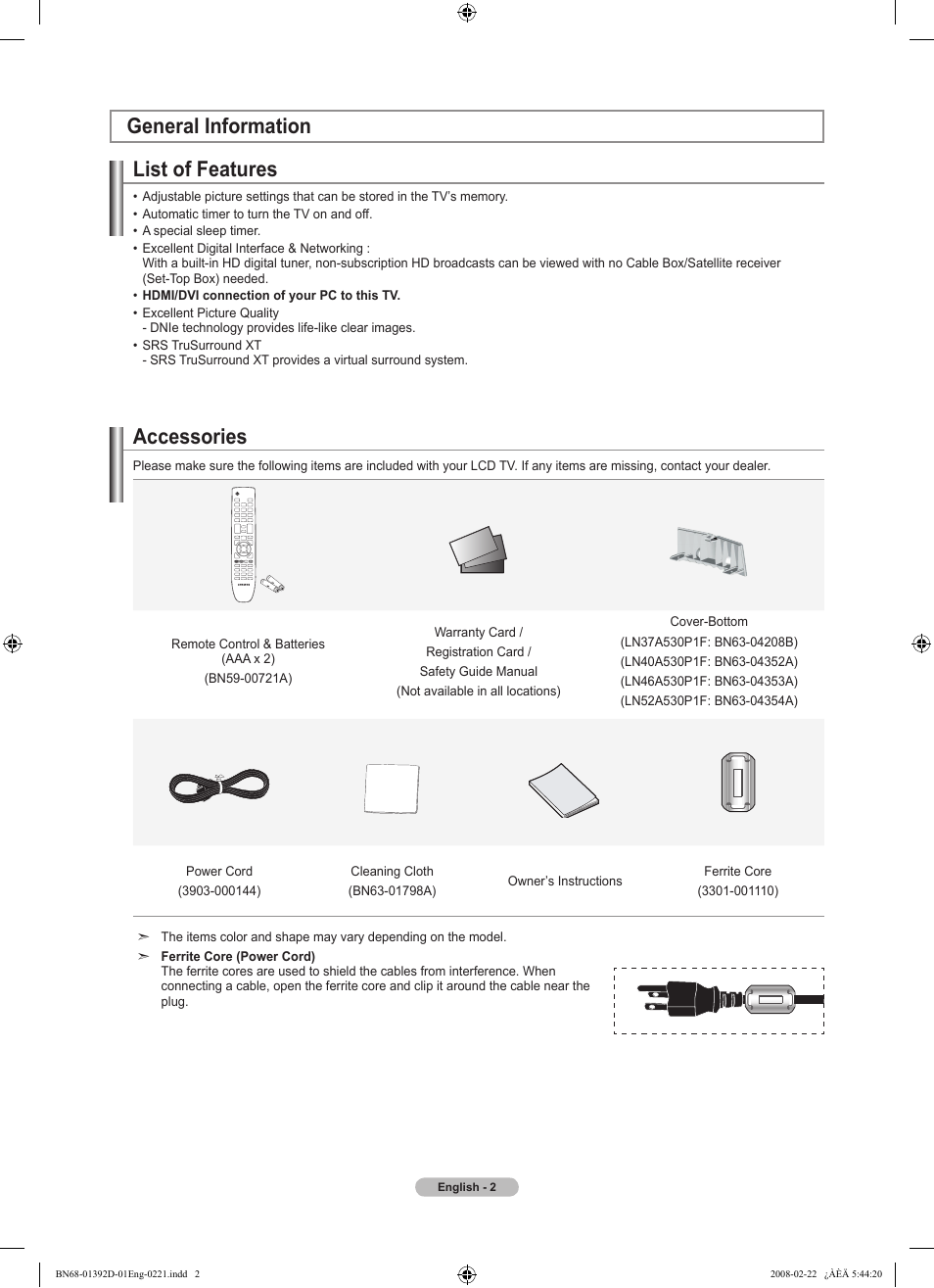 General information, List of features, Accessories | Samsung LN40A530P1FXZA User Manual | Page 4 / 161