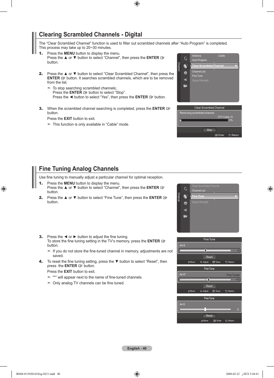 Clearing scrambled channels - digital, Fine tuning analog channels | Samsung LN40A530P1FXZA User Manual | Page 42 / 161