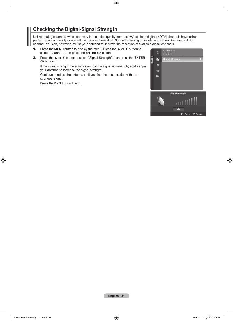 Checking the digital-signal strength | Samsung LN40A530P1FXZA User Manual | Page 43 / 161