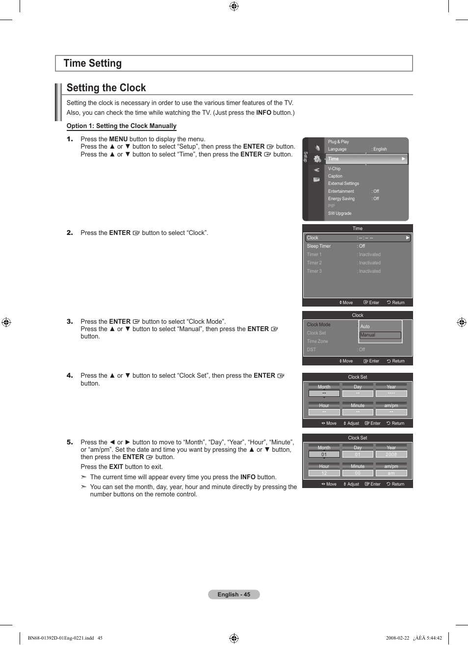 Time setting, Setting the clock | Samsung LN40A530P1FXZA User Manual | Page 47 / 161