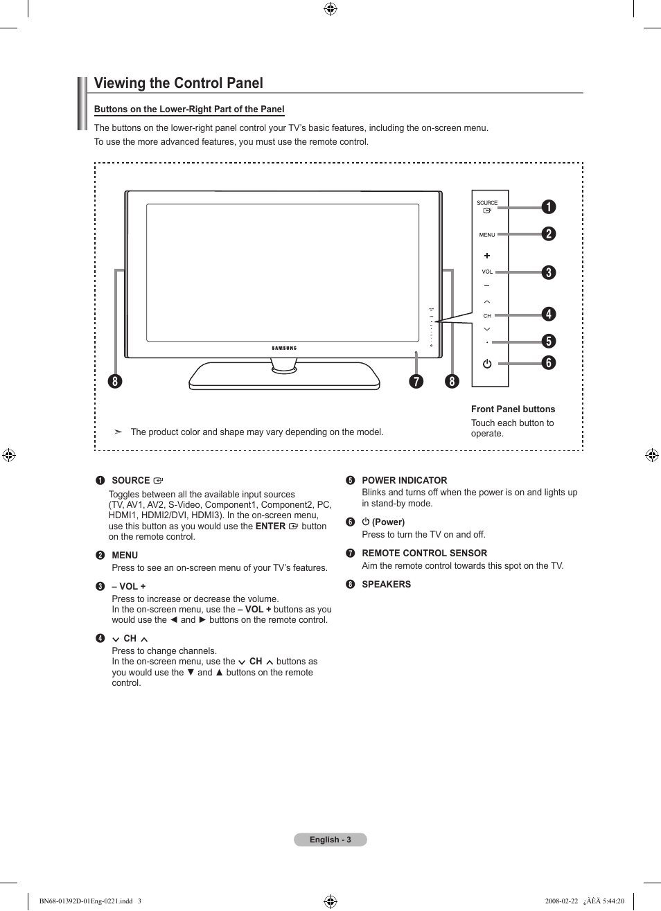 Viewing the control panel | Samsung LN40A530P1FXZA User Manual | Page 5 / 161