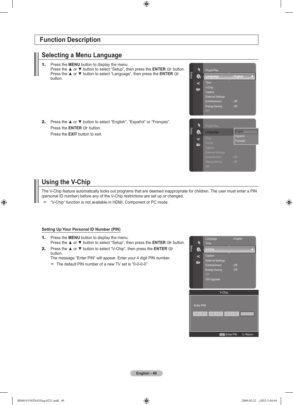 Function description, Selecting a menu language, Using the v-chip | Function description using the v-chip | Samsung LN40A530P1FXZA User Manual | Page 51 / 161