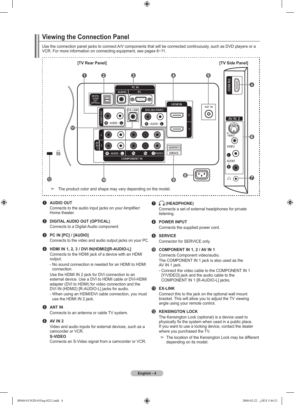 Viewing the connection panel | Samsung LN40A530P1FXZA User Manual | Page 6 / 161