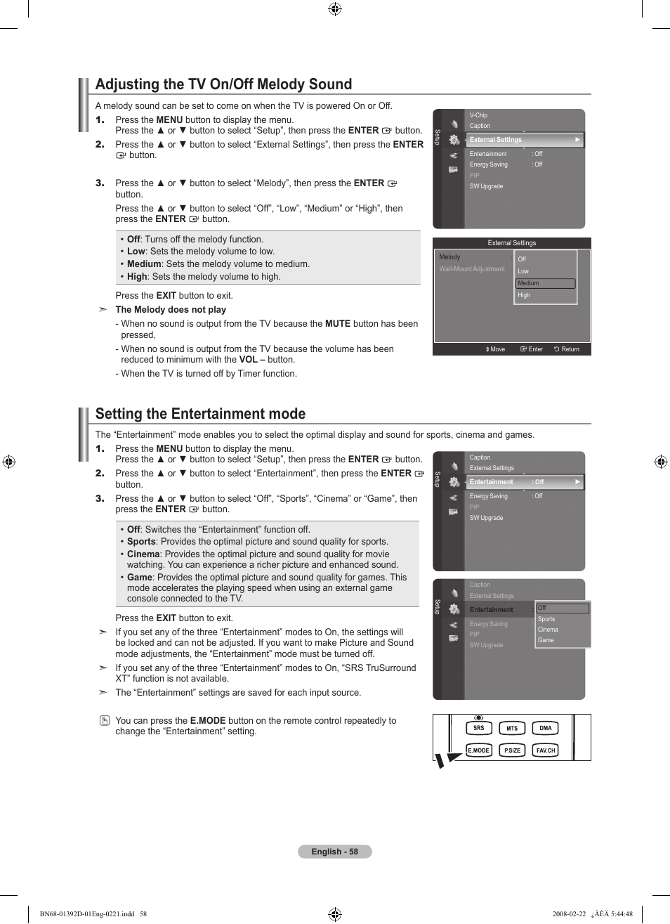 Adjusting the tv on/off melody sound, Setting the entertainment mode | Samsung LN40A530P1FXZA User Manual | Page 60 / 161