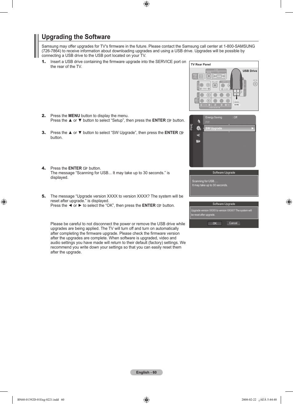 Upgrading the software | Samsung LN40A530P1FXZA User Manual | Page 62 / 161