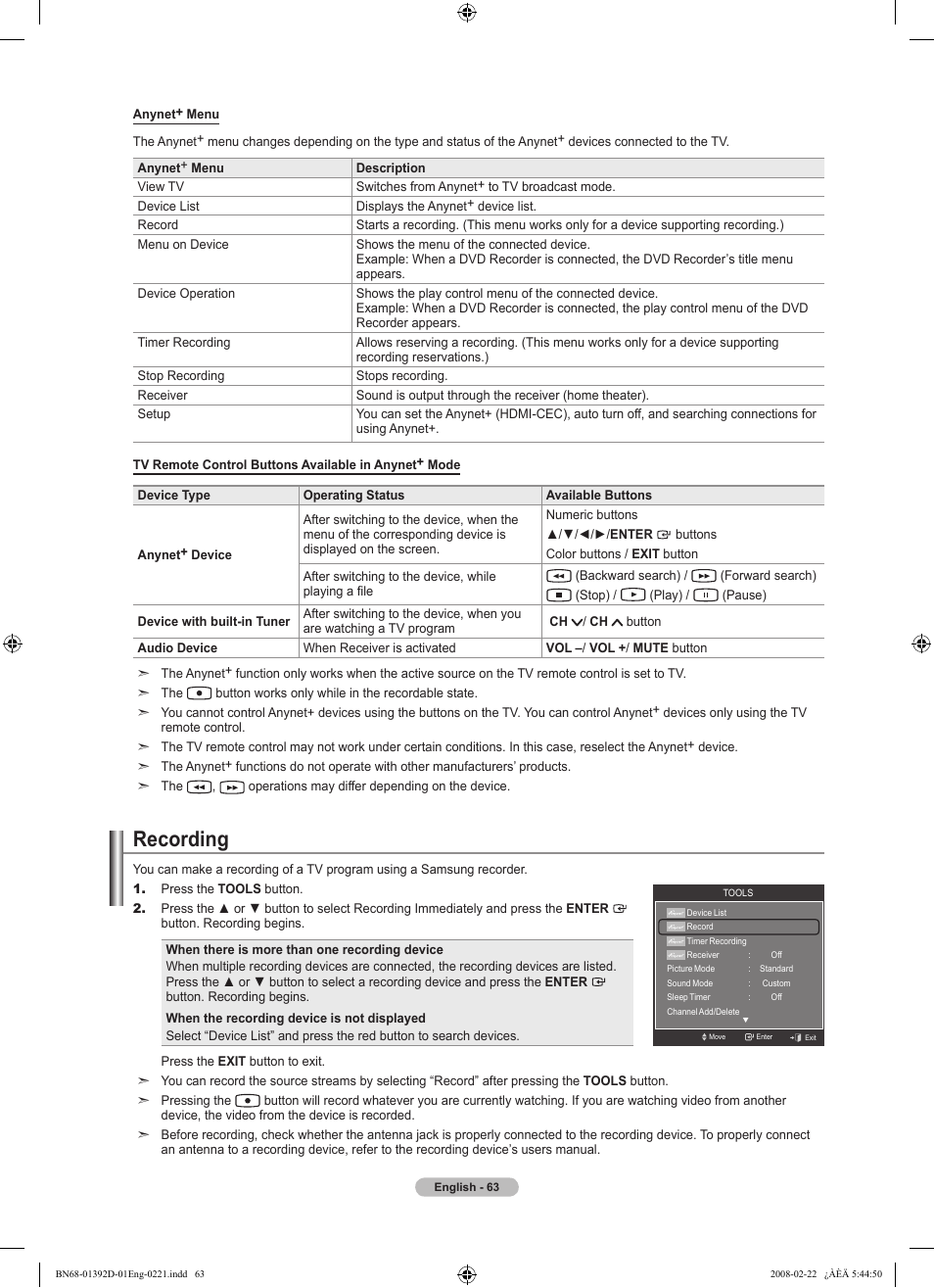 Recording | Samsung LN40A530P1FXZA User Manual | Page 65 / 161