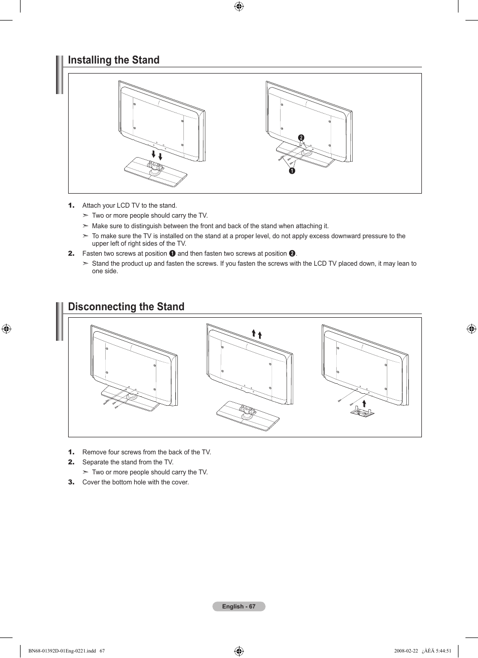 Installing the stand, Disconnecting the stand | Samsung LN40A530P1FXZA User Manual | Page 69 / 161