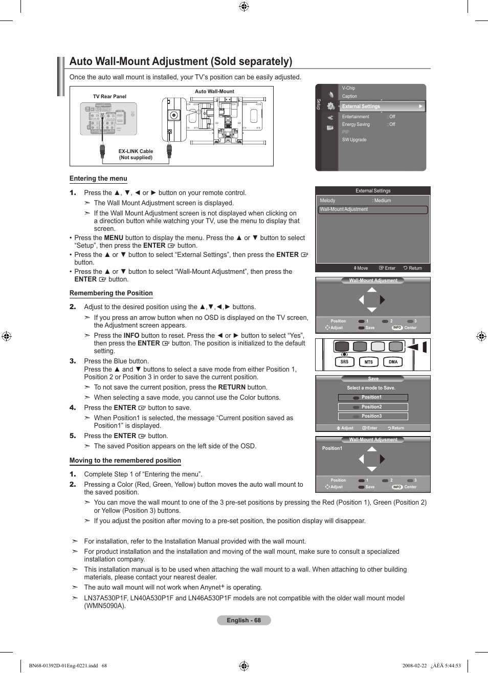 Auto wall-mount adjustment (sold separately) | Samsung LN40A530P1FXZA User Manual | Page 70 / 161